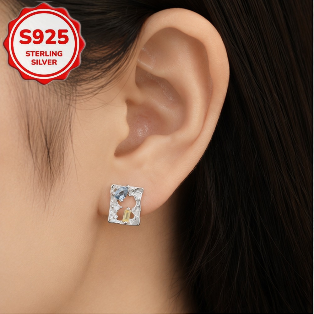 Women's 2pc S925 Silvery Irregular Geometric Square Stud Earrings